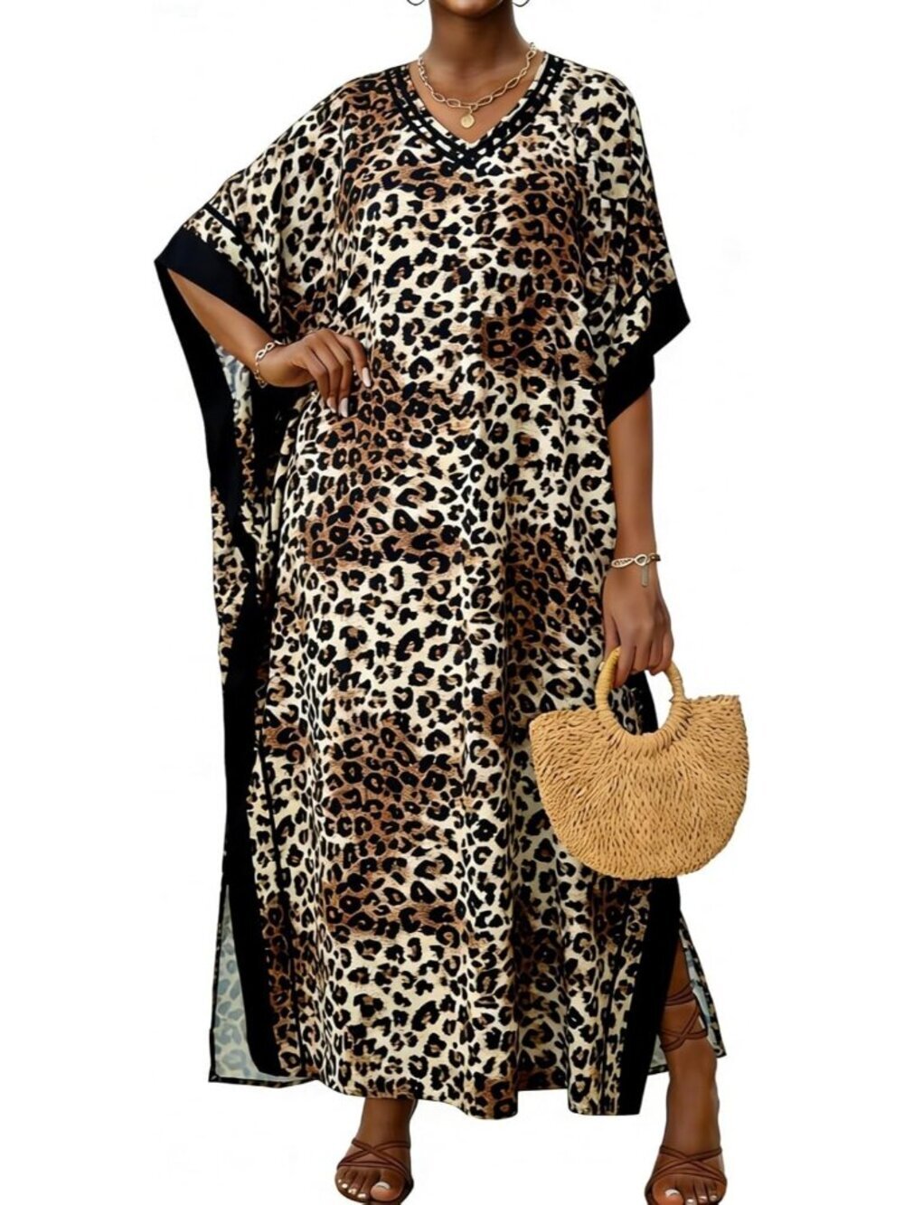 〽️Women's Brown Leapord Plus Size V Neck Caftan Long Batwing Sleeve Cover Up